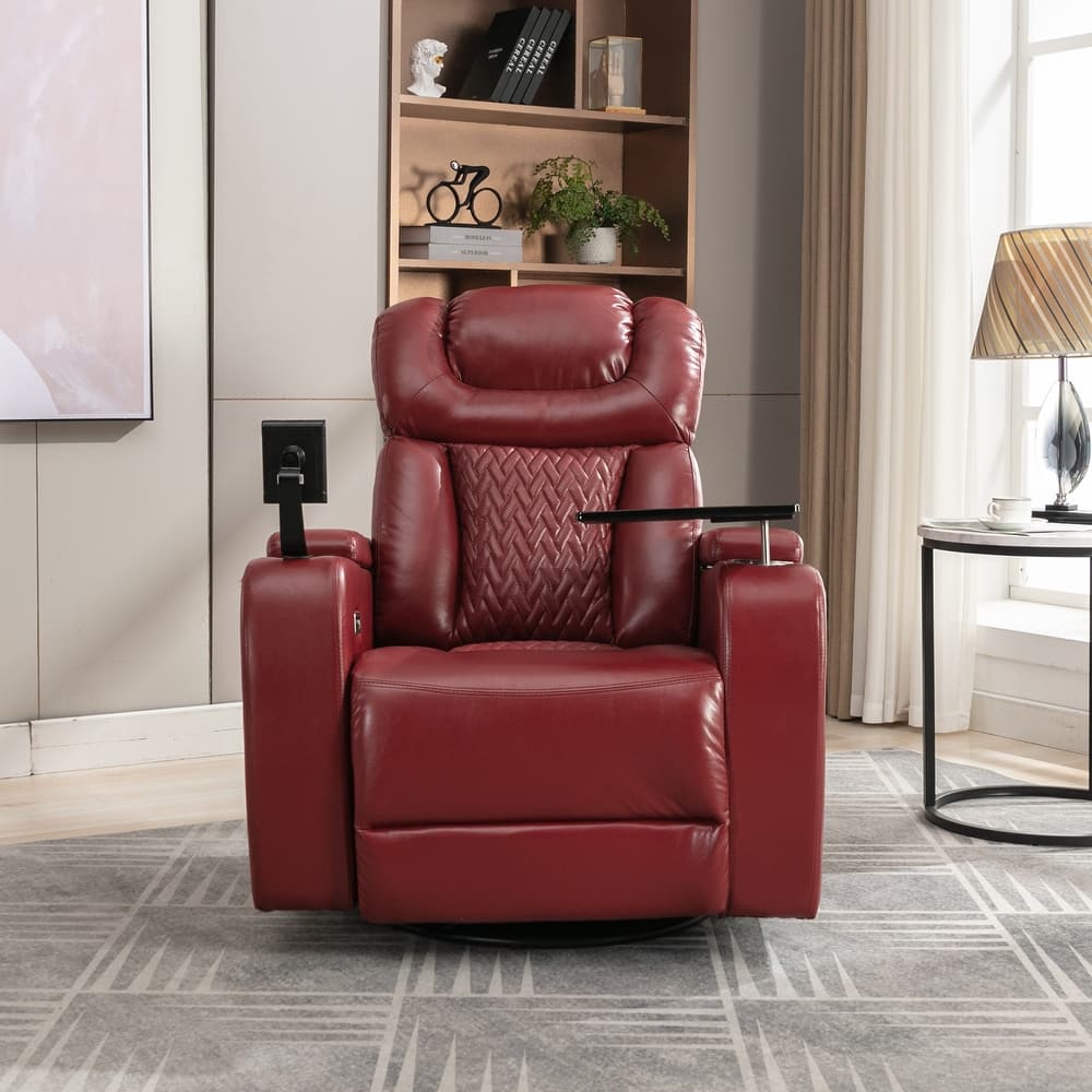 Roomfitters Swivel PU Leather Power Recliner Home Theater Recliner with Tray Table USB Port and Cup Holder
