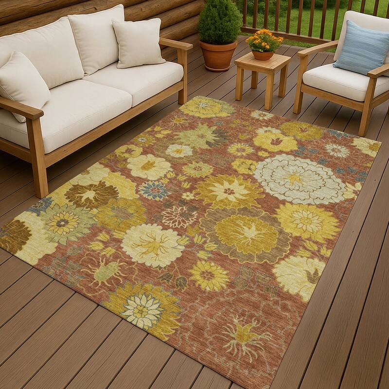 Machine Washable Indoor/ Outdoor Modern Floral Chantille Rug