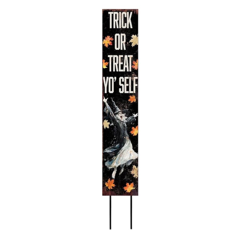 HomeRoots 42" Black Orange And White Solid Wood Trick or Treat Halloween Witch Garden Stake