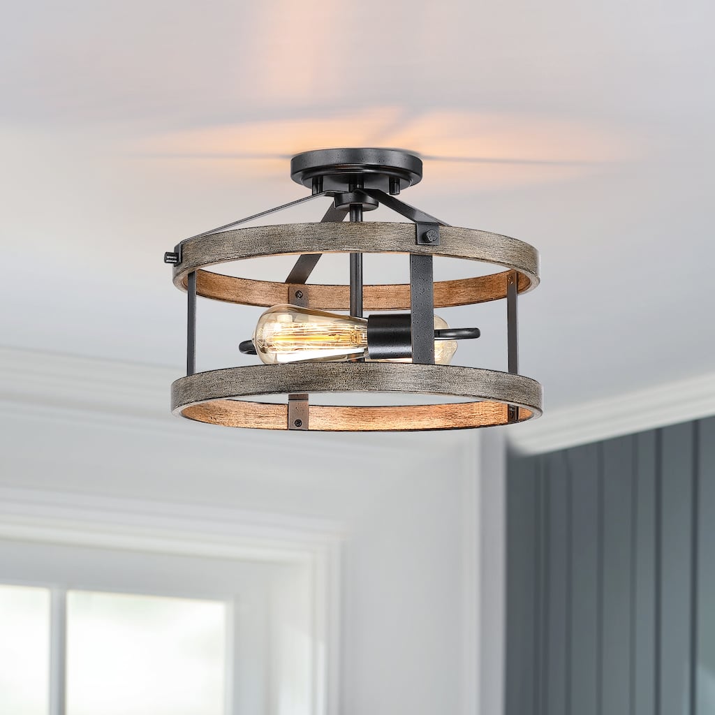 13 in. 2-Light Natural Iron and Distressed Faux Wood Industrial Farmhouse Semi-Flush Mount Ceiling Light
