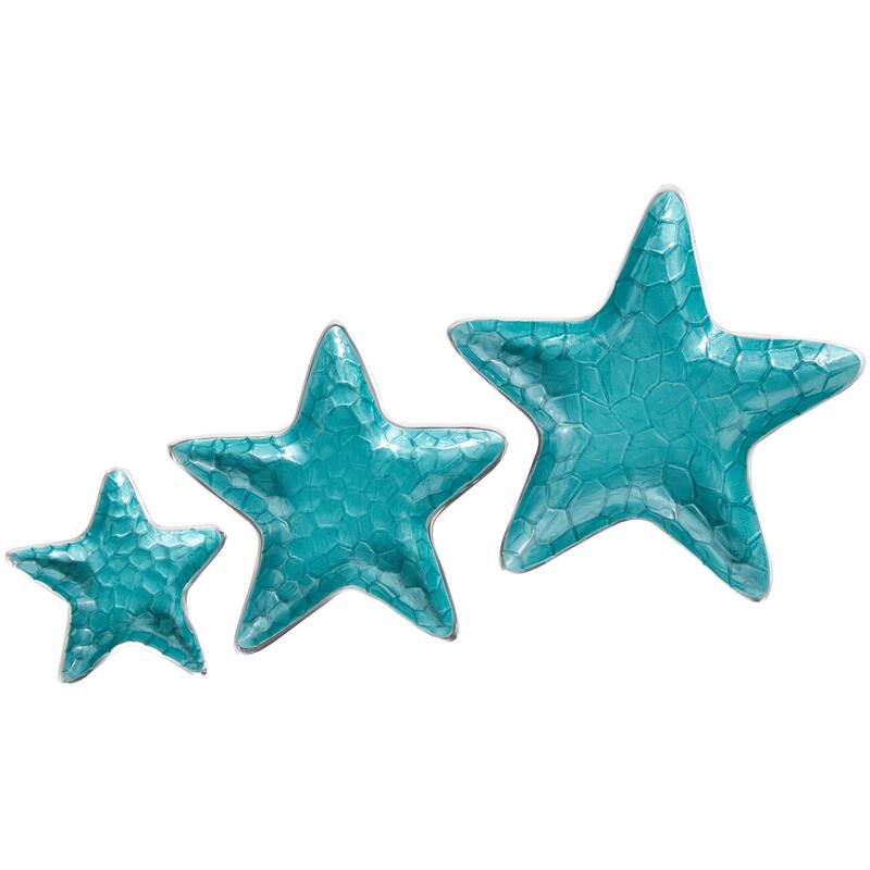 White or Teal Aluminum Metal Handmade Textured Enameled Starfish Decorative Bowl with Silver Base (Set of 3)