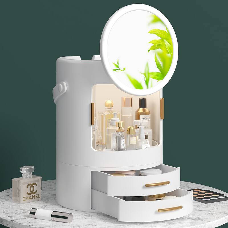 Makeup Organizer Bathroom Medicine Organizer Cosmetic Display Cases with Led Mirror for Dresser, Vanity Countertop - White