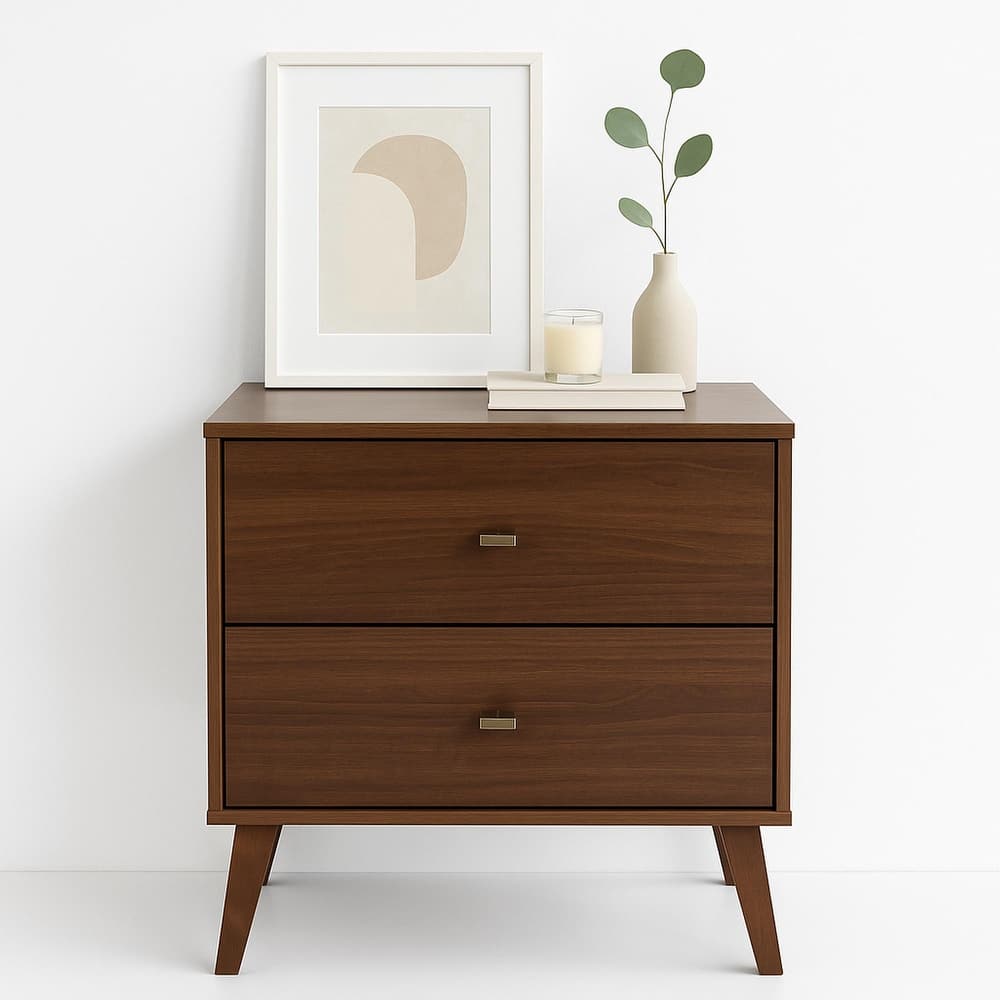Prepac Milo Mid-Century Modern 2 Drawer Nightstand, Bedside Table, Contemporary Bedroom Furniture
