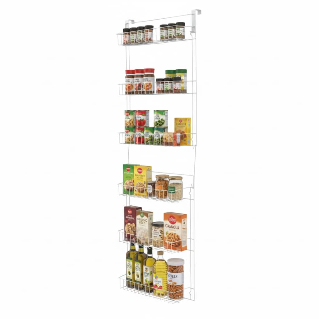 Lavish Home 6-Tier Adjustable Over the Door Pantry Organizer - Powder-Coated Steel Hanging Pantry Shelves and Rack (White)