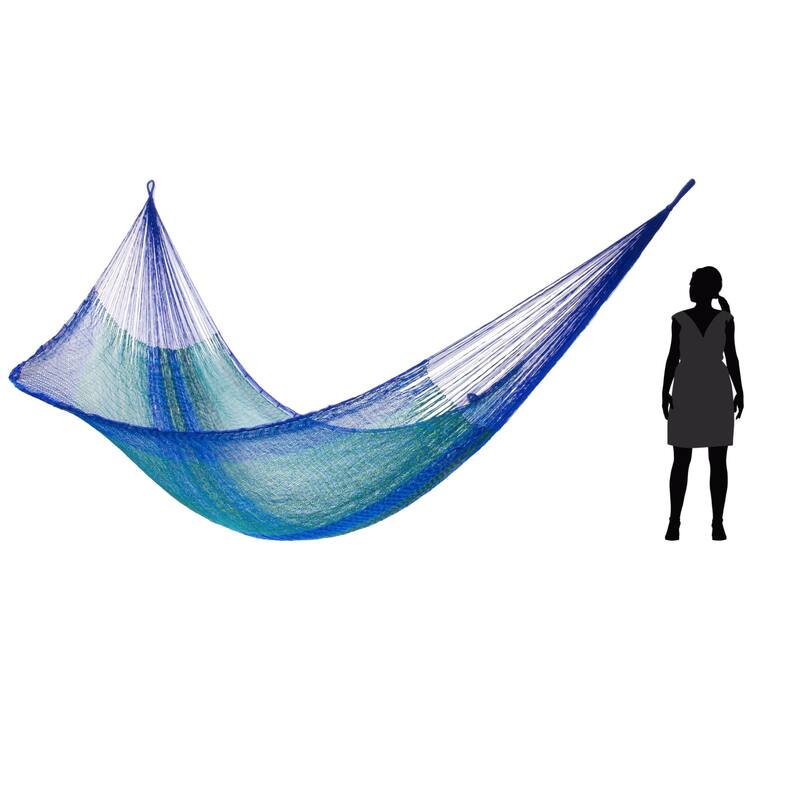 Cool Turquoise and Blue Stripe Hand Knotted Rope Style Nylon Single Hammock