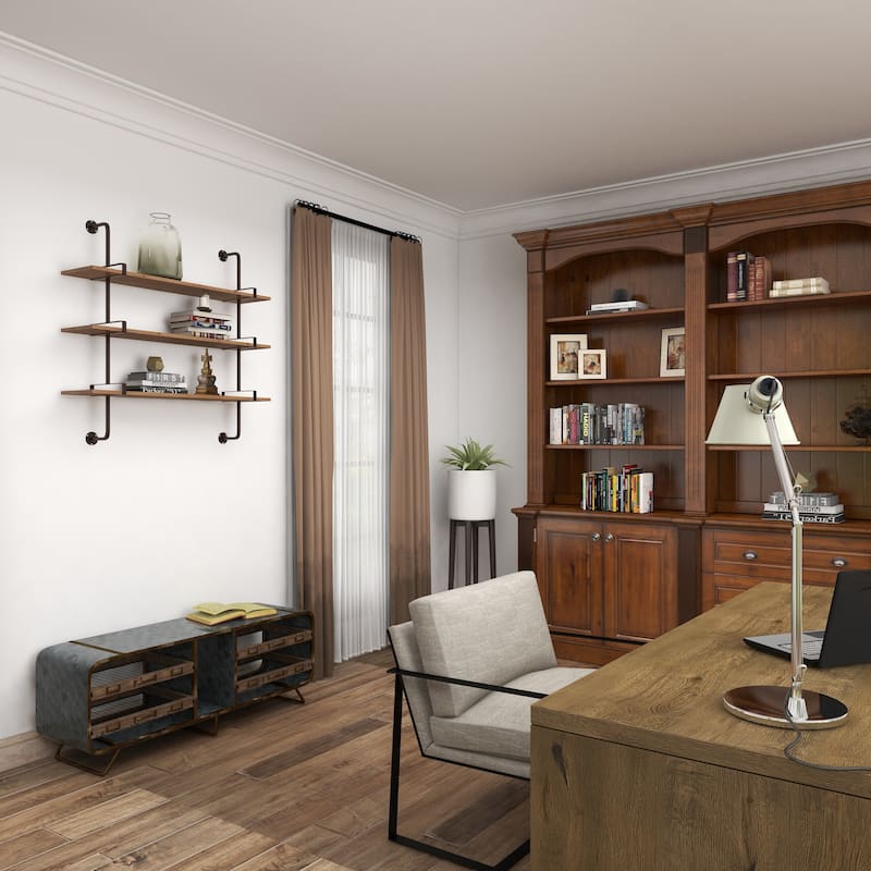 3 Level Wood Wall Shelf with Black Metal Brackets - Brown or Gray