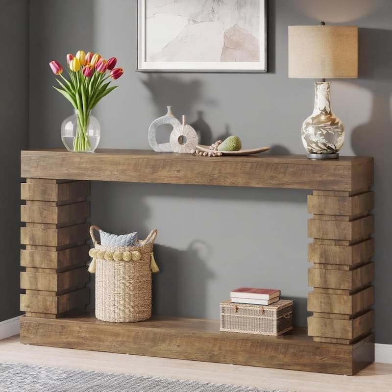 Vintage Brown Industrial Console Table with Geometric Wood Base & 2-Tier Shelving – Narrow Entryway or Sofa Table