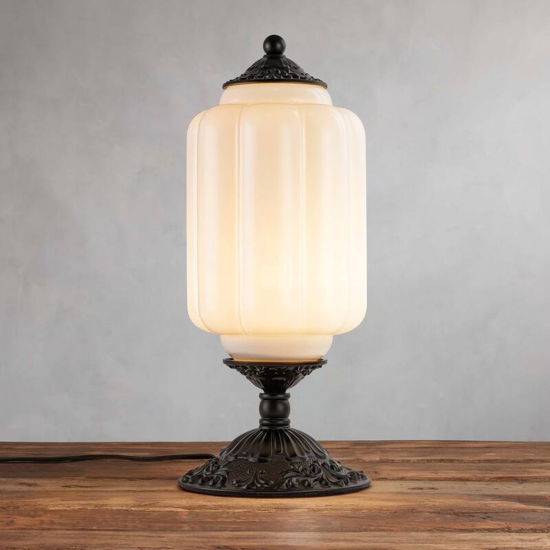 1-Light Transitional Metal & Glass Table Lamp with Carved Base for Bedroom Nightstand - 5.9 in. W x 13.8 in. H - 5.9 in. W x 13.8 in. H - White