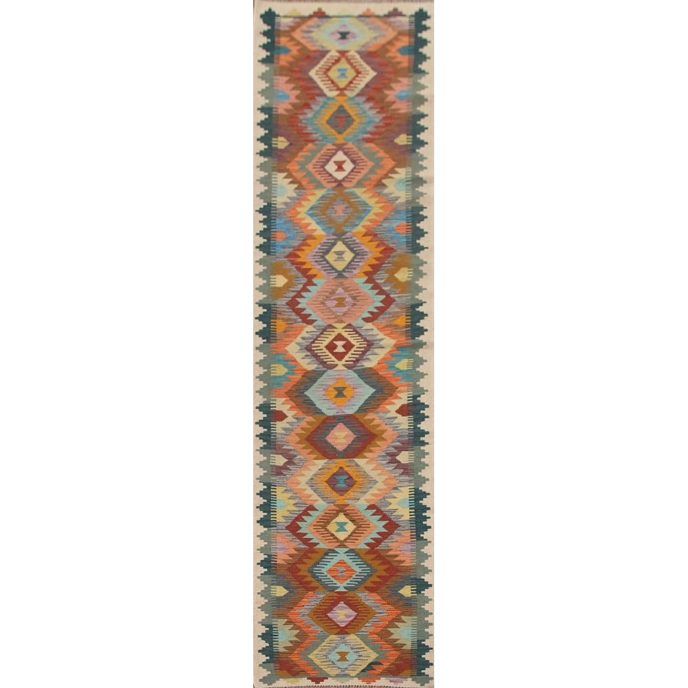 Hand Woven Oriental 100% Wool Carpet Southwestern Geometric Multi-Colored Kilim Runner Rug - 12' 3'' X 2' 9''