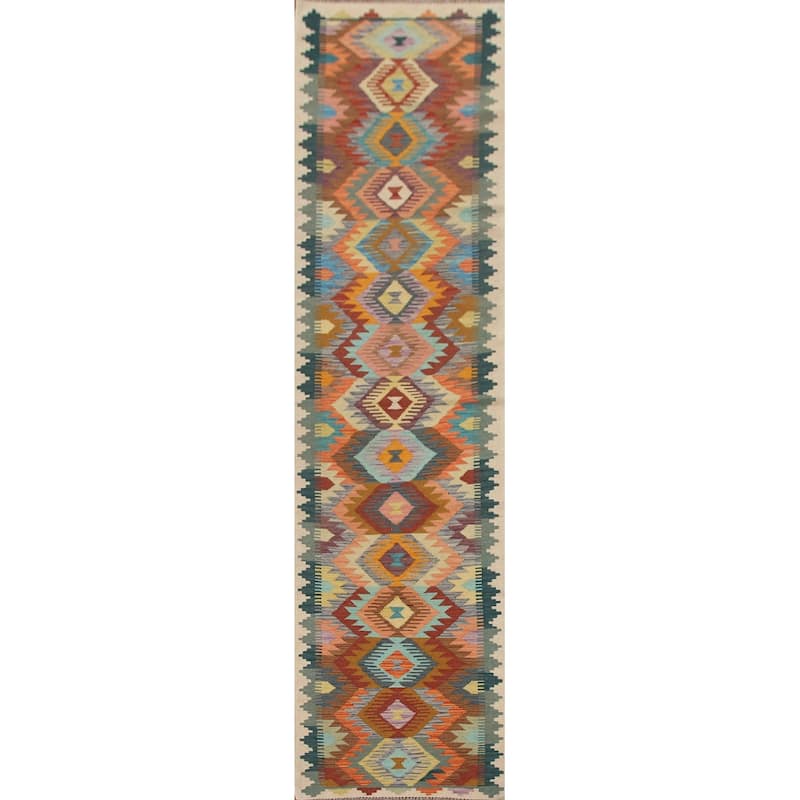Hand Woven Oriental 100% Wool Carpet Southwestern Geometric Multi-Colored Kilim Runner Rug - 12' 3'' X 2' 9''