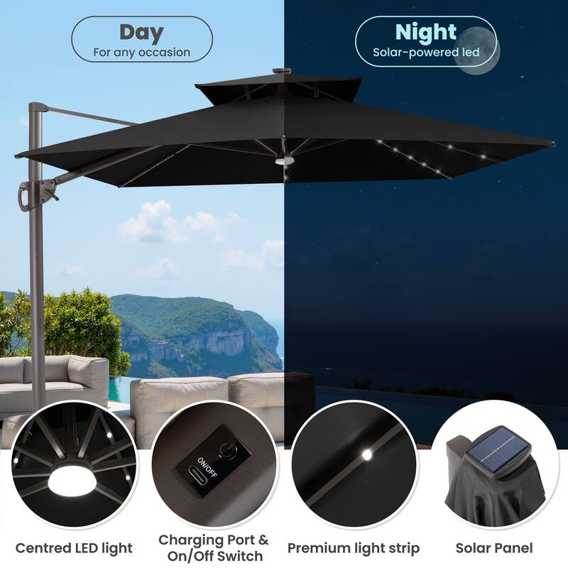 11 FT Square Outdoor Premium Double Top Solar Powered LED Patio Cantilever Umbrella