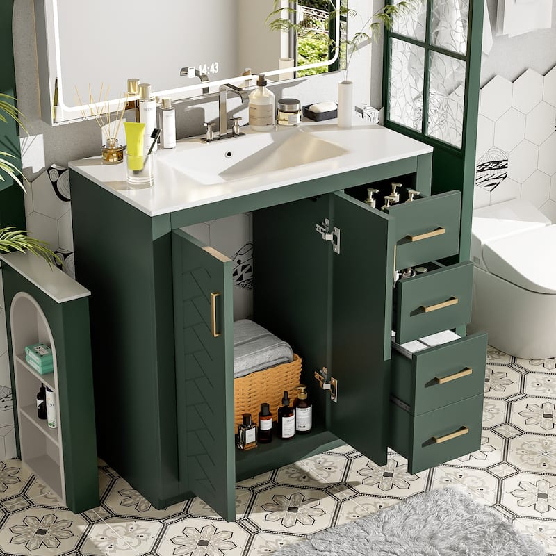36" Freestanding Bathroom Vanity Set with Ceramic Sink – Solid Wood Storage Cabinet, 3 Soft-Close Drawers & Doors‌