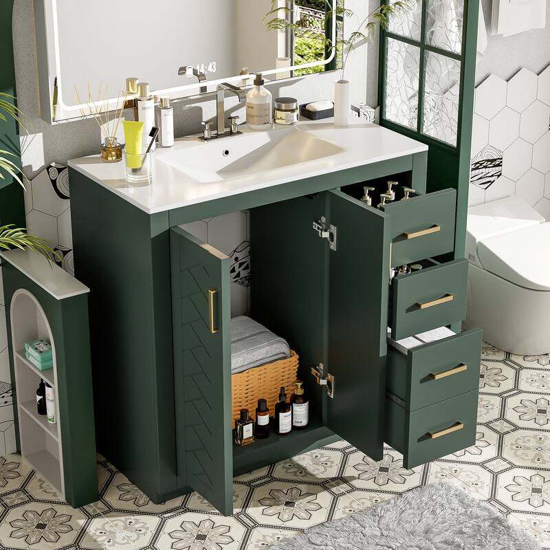 36'' Bathroom Vanity with Ceramic Sink Combo, Freestanding Vanity Set with 3 Drawers& Soft Closing Doors