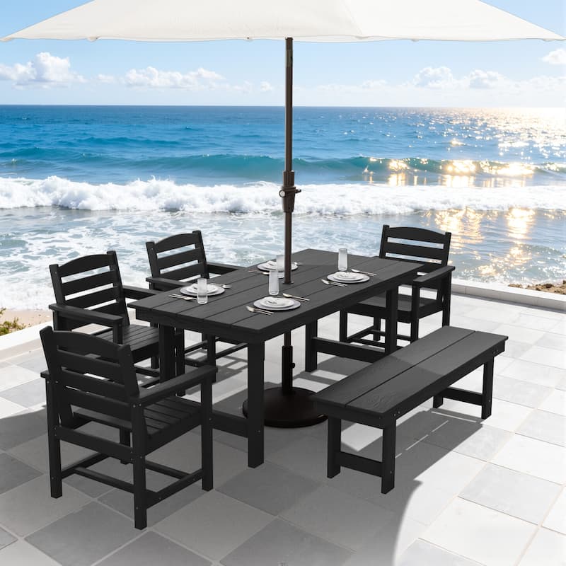 6-Piece HDPE Outdoor Dining Table Sets with Umbrella Hole - 1-Table 4-Chairs-1-Bench