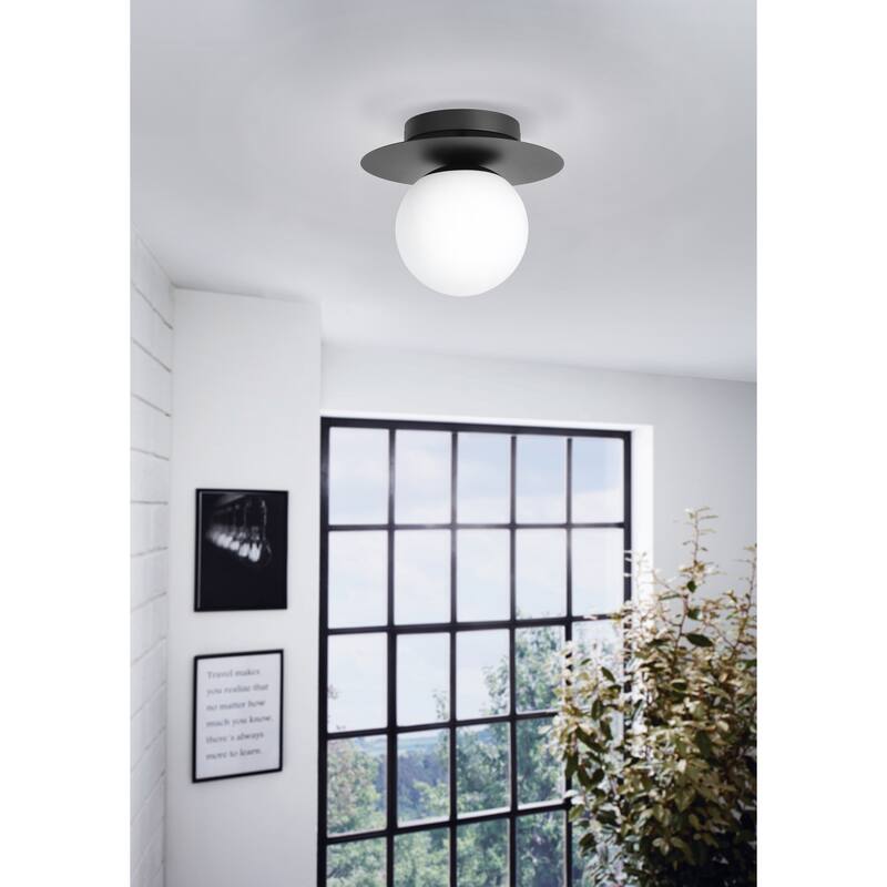 Arenales - 1-Light Ceiling Light - Structured Black Finish - White Opal Glass Shade - Structured Black, White Opal