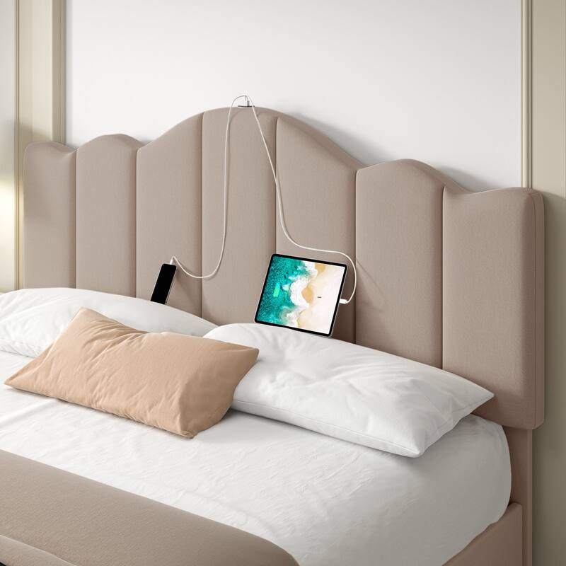 VECELO Upholstered Storage Bed Frames with Charging Stations and 4 Rolling Drawers on Both Sides Vertical Stripe Design