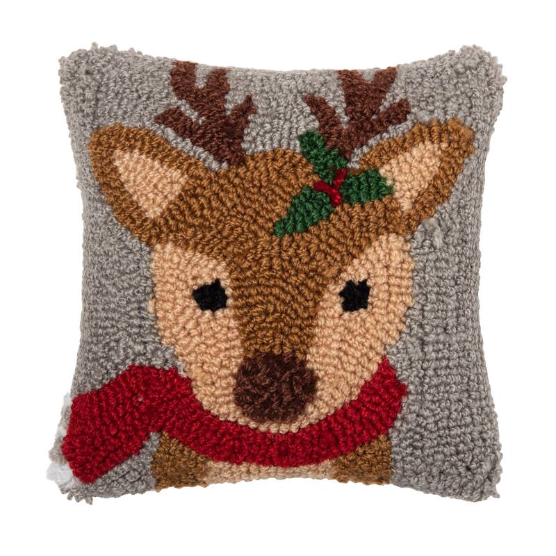 Woodland Reindeer Hooked Pillow - Gray