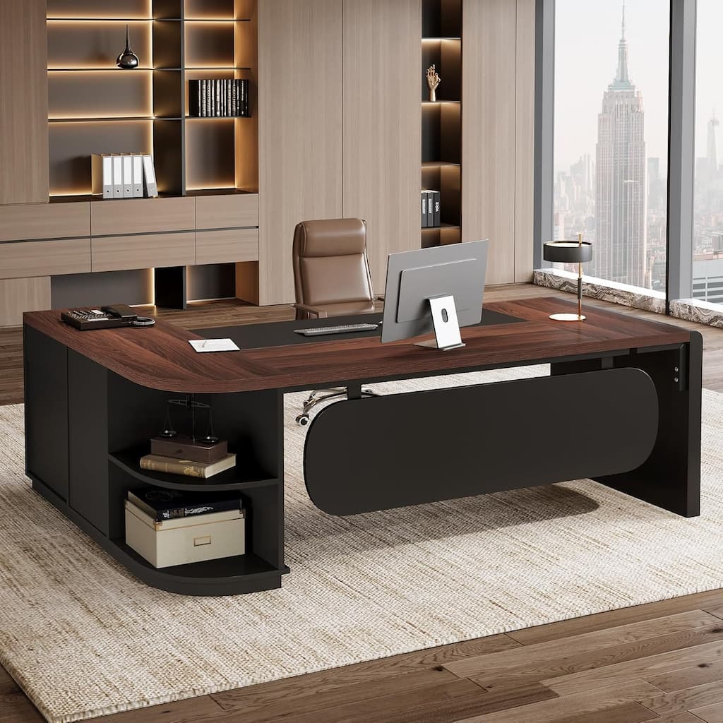 80'' Wide L-Shaped Computer/Executive Desk, Large Modern Home Office Desk with 3 Drawers and Storage Shelves