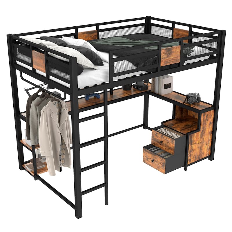 Full Loft Bed with Desk Storage and Metal Frame No Box Spring Needed