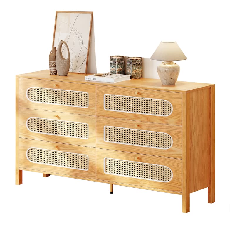 Moasis Rattan 6 Drawer Double Dresser Chest of Drawers Storage Cabinet - Brown