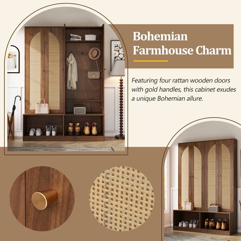 55.1" Wide Farmhouse Hall Tree - 4 Rattan Doors & 6-Hook Entryway Bench - Mid-Century 4-in-1 Shoe Cabinet with Adjustable Shelf