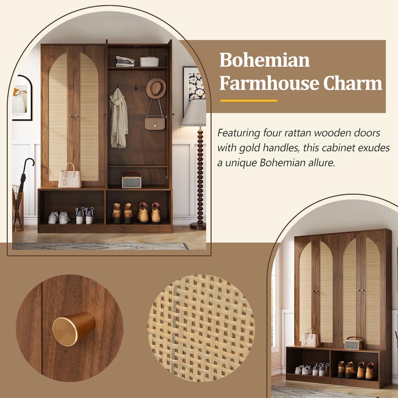 Farmhouse Widen Hall Tree with 4 Rattan Doors, Versatile 4-In-1 Seating Bench with 6 Hooks, Mid-Century Entryway Shoe Cabinet