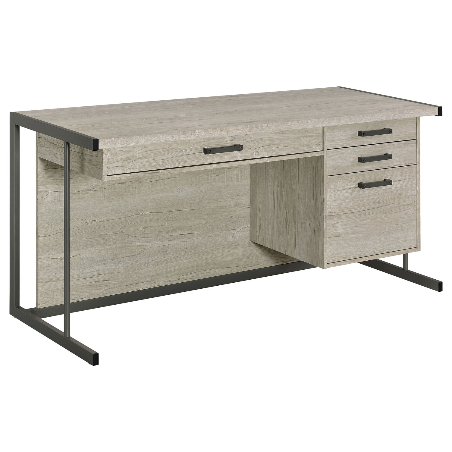 4-Drawer Office Desk - Whitewashed Grey & Gunmetal Finish - Spacious Desktop & Modern Design