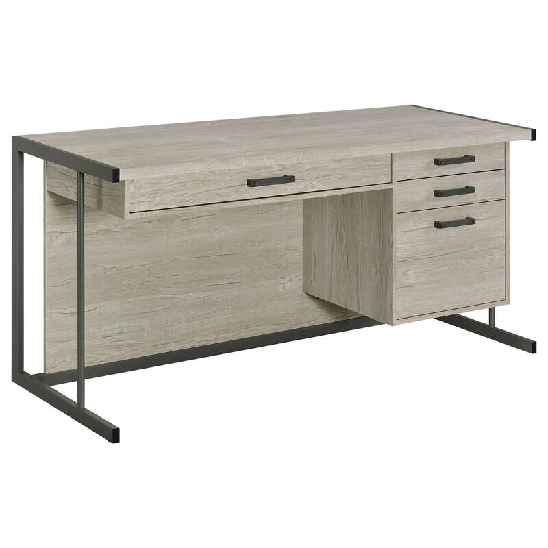 4-Drawer Office Desk - Whitewashed Grey & Gunmetal Finish - Spacious Desktop & Modern Design