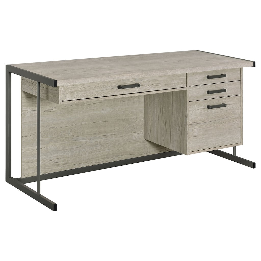4-Drawer Office Desk - Whitewashed Grey & Gunmetal Finish - Spacious Desktop & Modern Design
