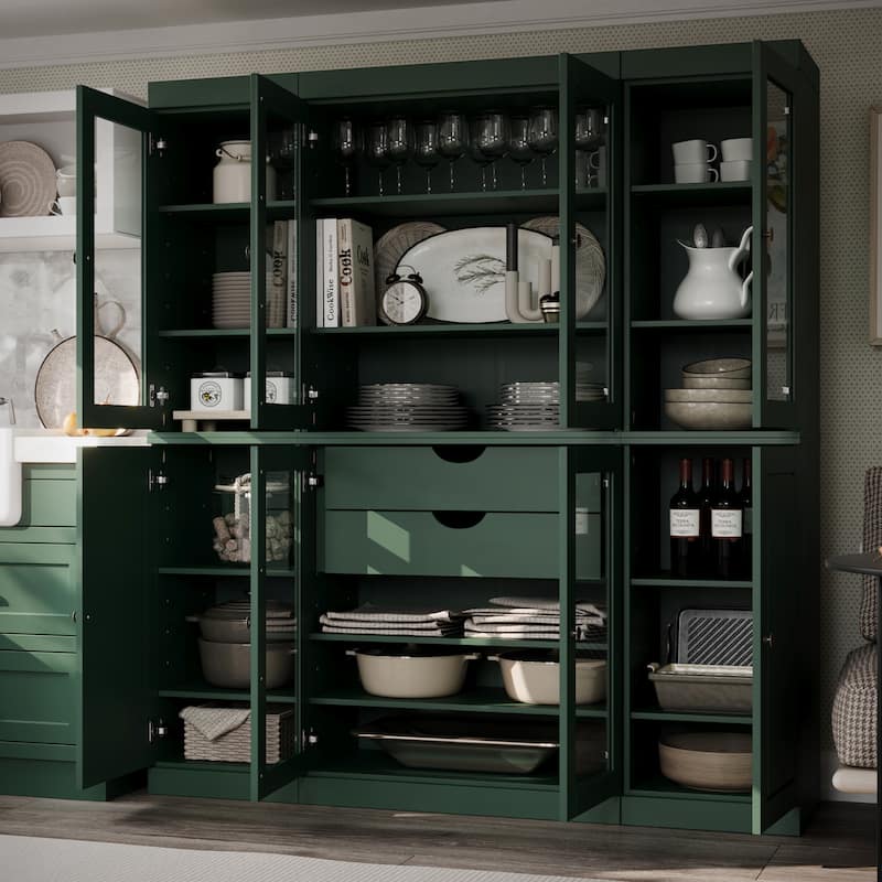 Palace Imports 100% Solid Wood Kitchen China Cabinet Pantry with Glass or Solid Wood Doors and 2-Drawer Kit - 65" x 71.5"