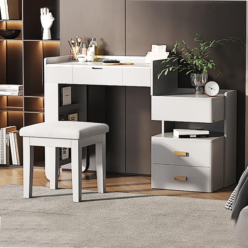 3-in-1 Makeup Vanity Desk with Stool, Flip-Top Mirror, Adjustable 3 Colors Lighting & Retractable Side Cabinet