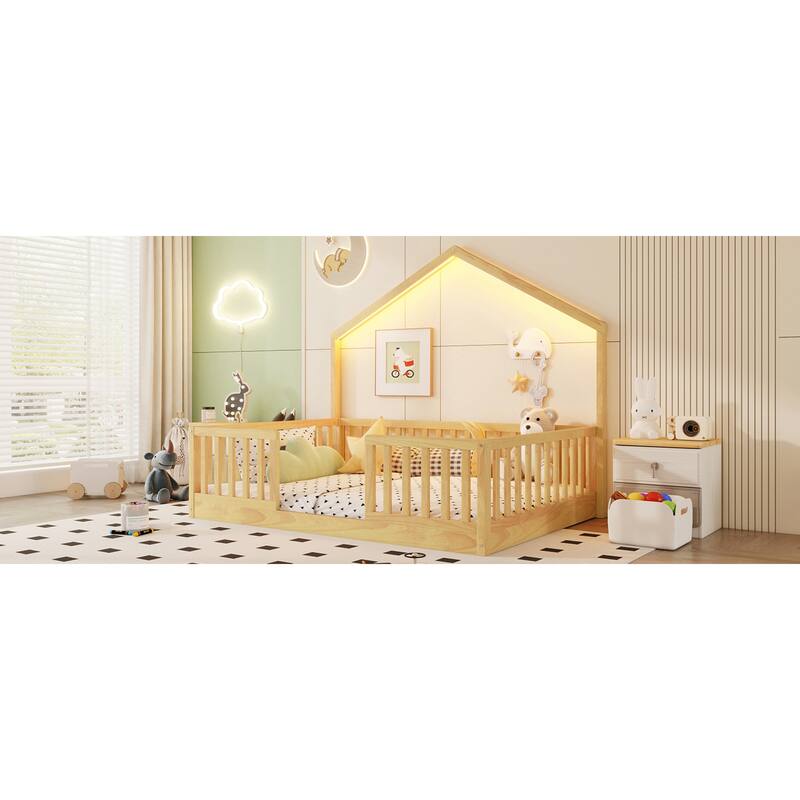 Roomfitters Twin/Full Floor Platform Bed, House Frame and LED Light with Wooden High Rails for Bedrooms or Guest Rooms