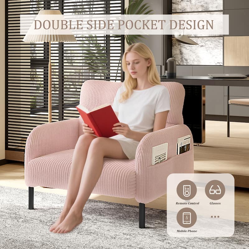 Corduroy Upholstered Single Sofa Chair, Lounge Reading Chair with Side Pockets, Armchair with Solid Wood Frame
