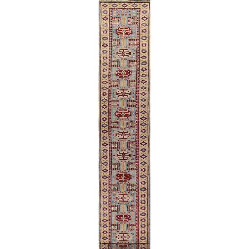 Blue Kazak Oriental Runner Rug Hand-Knotted Wool Carpet - 2'7" x 20'7"