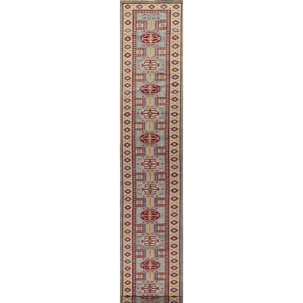 Blue Kazak Oriental Runner Rug Hand-Knotted Wool Carpet - 2'7" x 20'7"