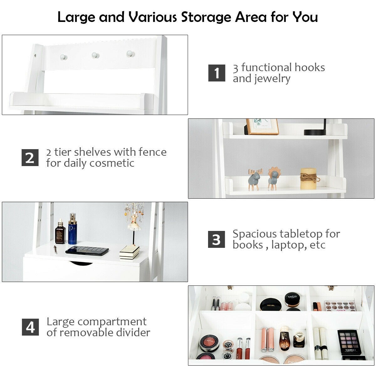 Removable Divider 3 Hooks 2 Storage Shelves White Leaning Vanity