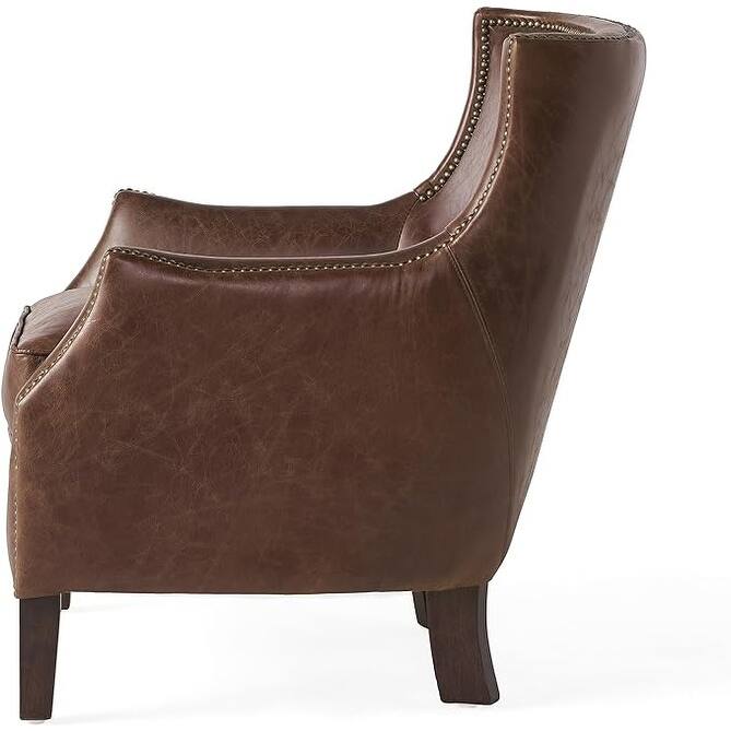 Brown Modern 29.25" Genuine Leather Upholstered Accent Chair with Rubber Wood Legs and Nailheads for Living Room