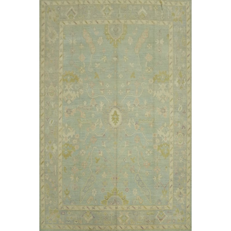 Vegetable Dye Wool Oushak Turkish Area Rug, Floral Geometric Carpet - 12' 0'' X 9' 2''