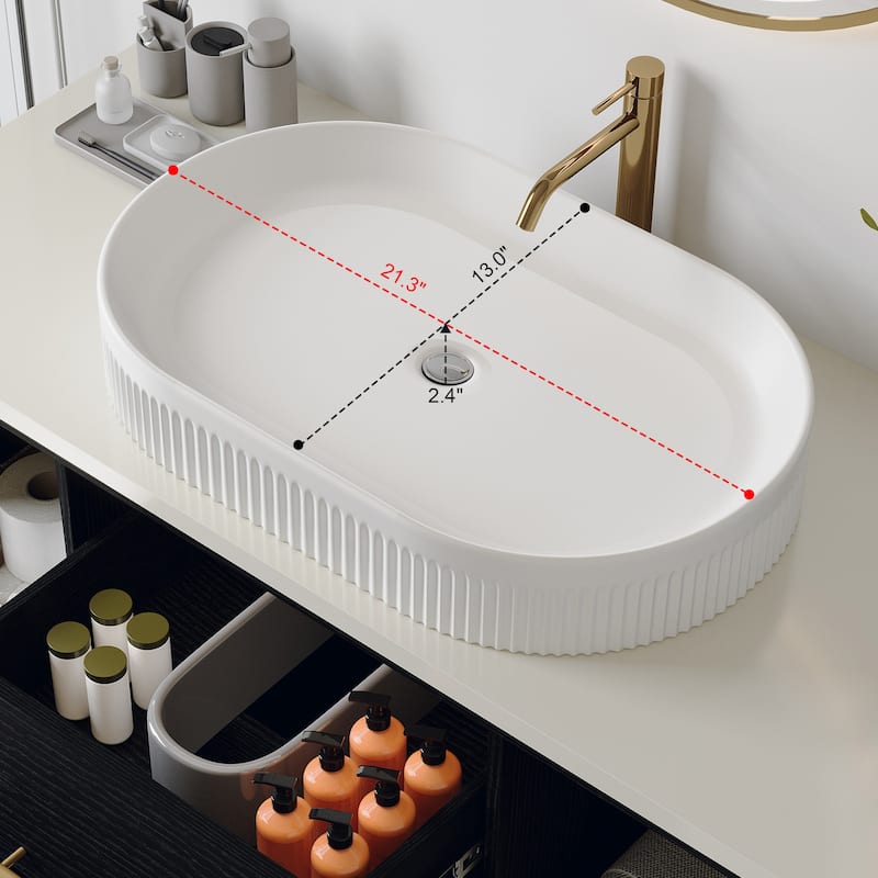 Modern Wall-Mounted Bathroom Vanity with Oval Ceramic Sink, Solid Wood Floating Cabinet, Soft-Close Storage