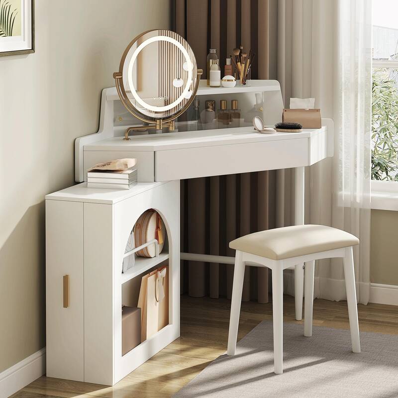 Corner Makeup Vanity Desk with Mirror & LED Lights - White