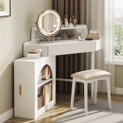 Corner Makeup Vanity Desk with Mirror & LED Lights