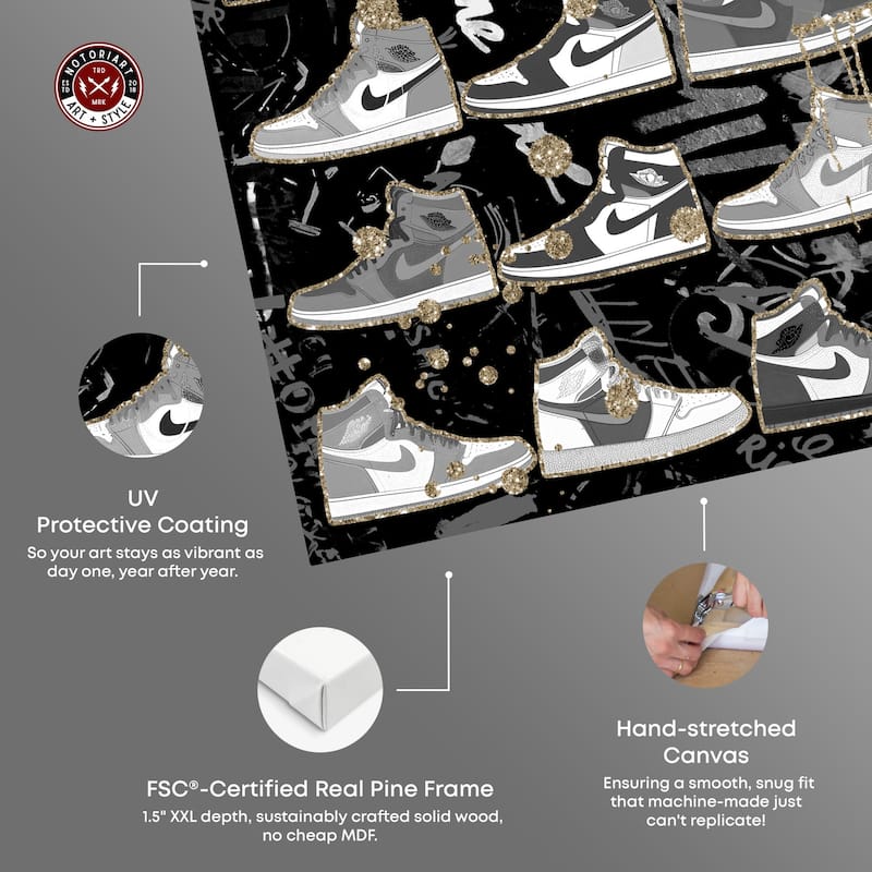 Notoriart Black And White Sneaker Collection Gallery Wrapped Sneaker 1 Piece Canvas Wall Art