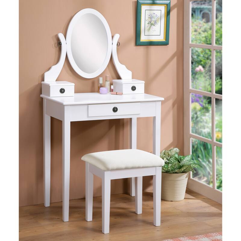 Bedroom Makeup Vanity Desk and Stool Set, Vanity Set Includes Dressing Table, Swivel Adjustable Oval Mirror and Stool
