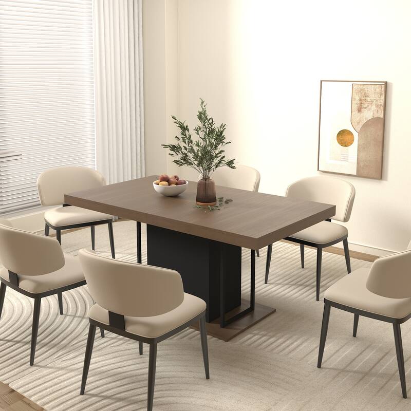 Extendable Dining Table, Wood Kitchen Table for 6-10 People, Large Home Office Table with Thick Top & Wide Feet