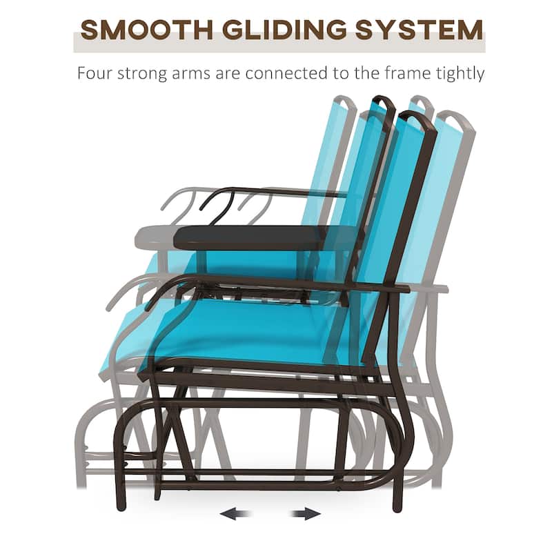Outdoor Glider Bench with Center Table, Patio Loveseat with Breathable Mesh Fabric, Armrests & Metal Frame