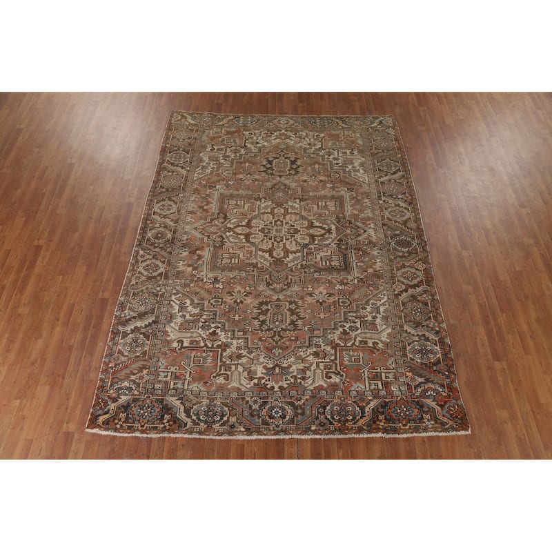 Geometric Heriz Vintage Persian Area Rug Hand-Knotted Wool Carpet - 8'0" x 10'9"