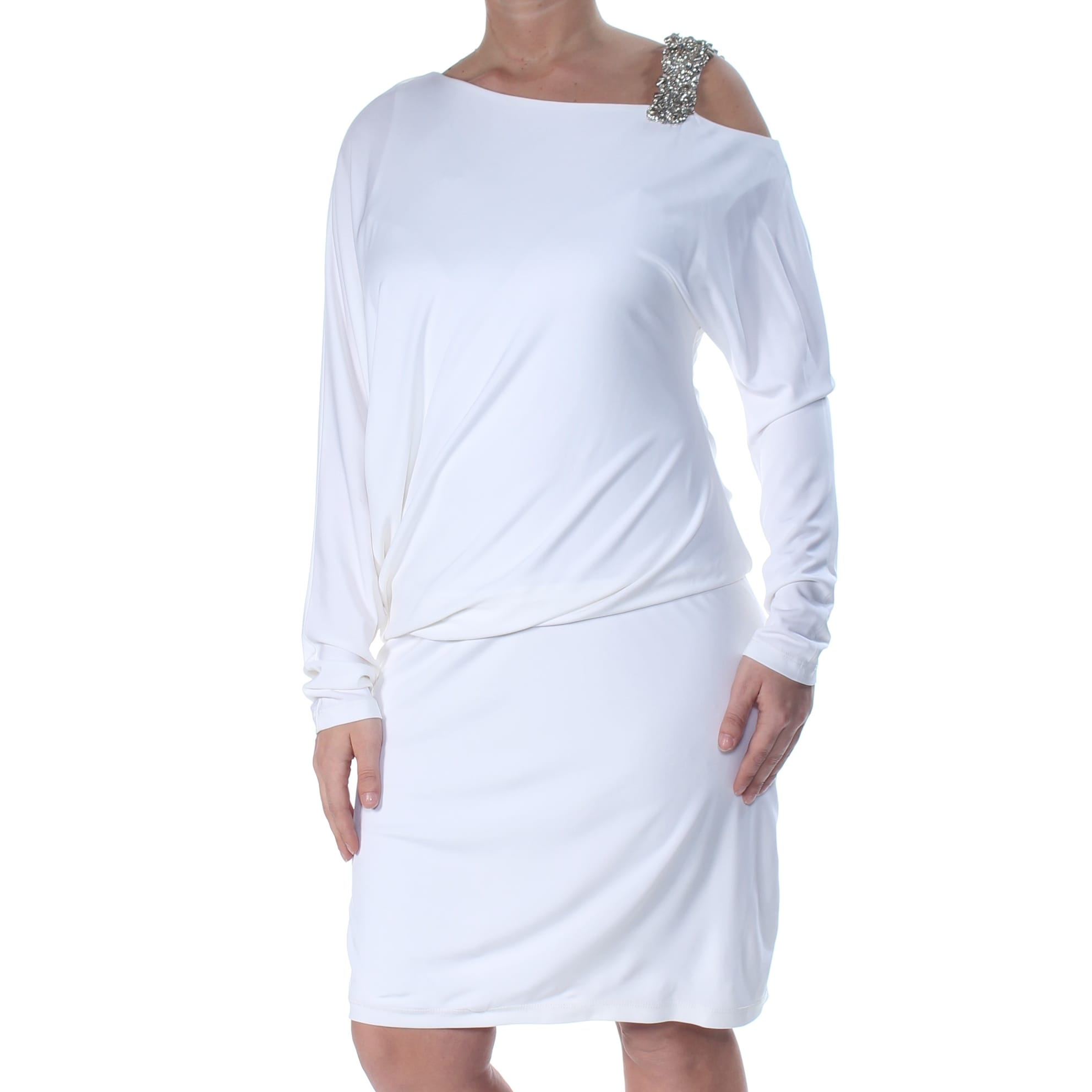 Shop David Meister White Long Sleeve Knee Length Blouson Dress