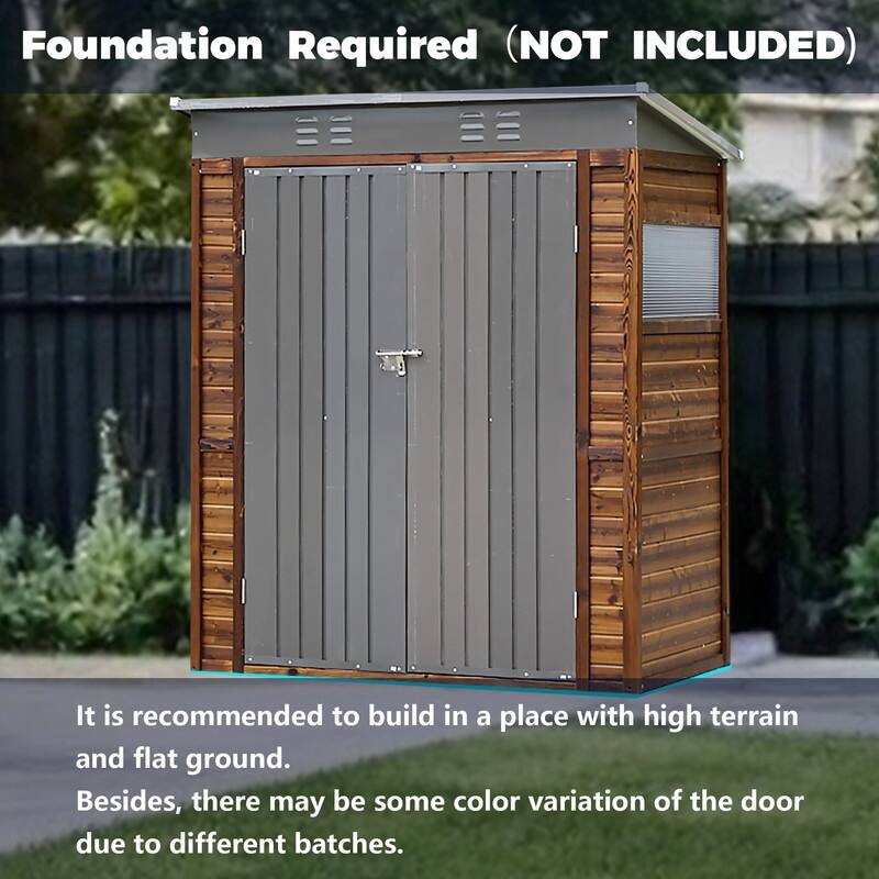 3x5FT Iron-Wood Combination Tool Shed, Stylish Cedarwood with Waterproof Paint, Dark Gray Iron Doors and Roof