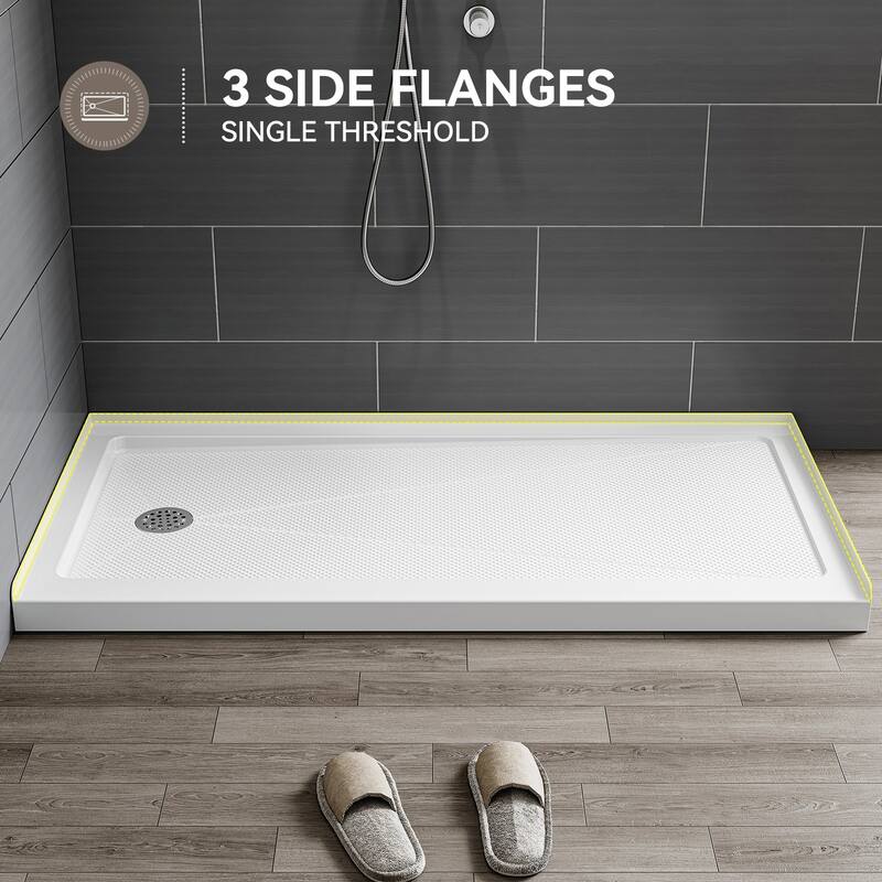 HOROW 60 x 30 Inch Alcove Shower Pan Base in High Gloss White with Wide Threshold Design - Left Drain Location - White