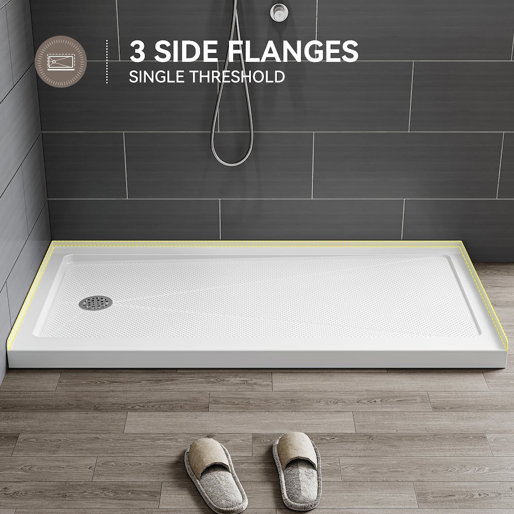 HOROW 60 x 30 Inch Alcove Shower Pan Base in High Gloss White with Wide Threshold Design - Left Drain Location